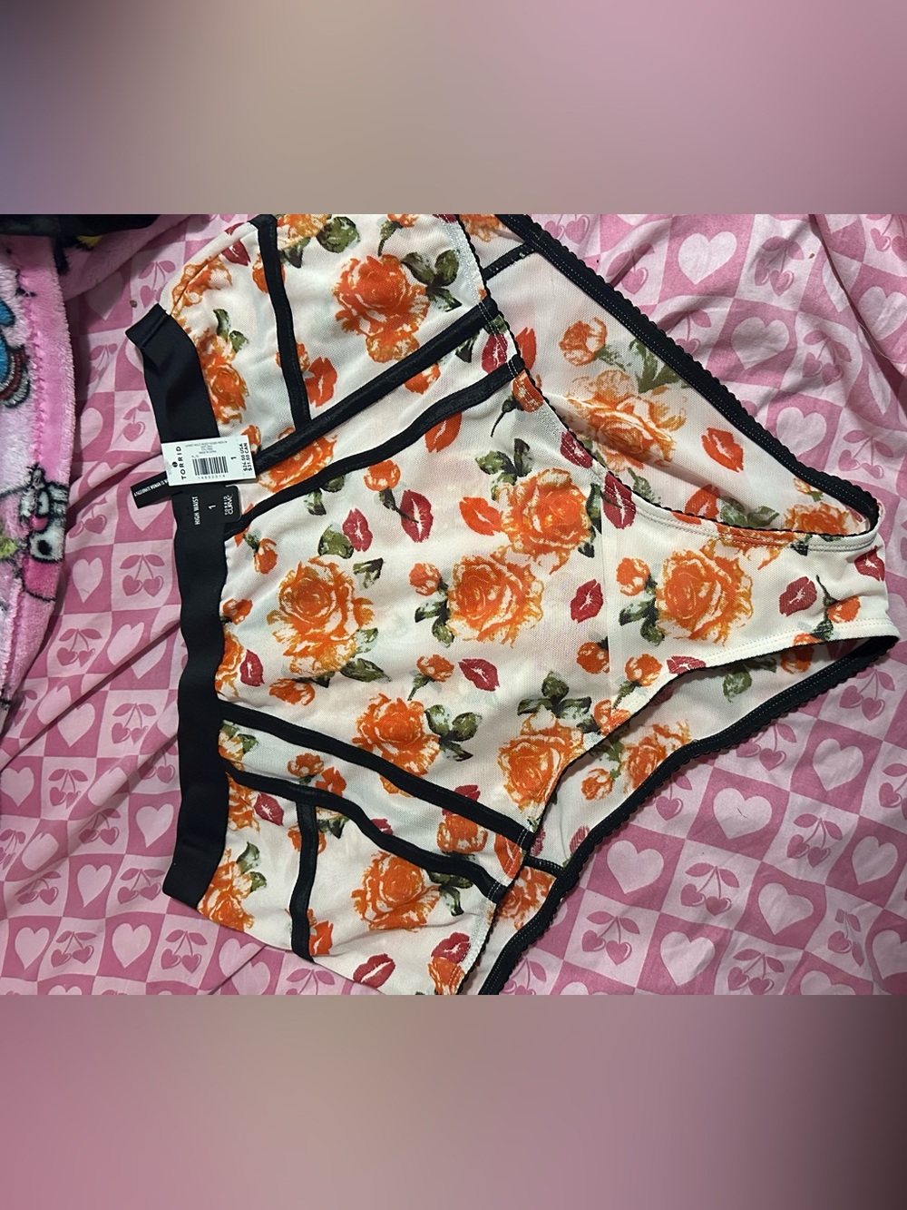 Floral Rose Print Bikini Briefs with Black Trim - Women's